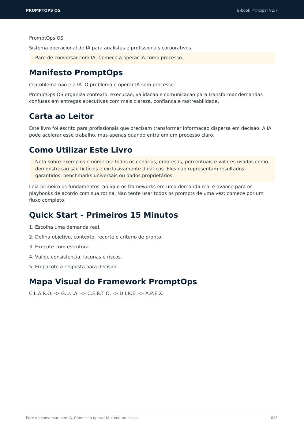 Página real do ebook com Quick Start e mapa do framework